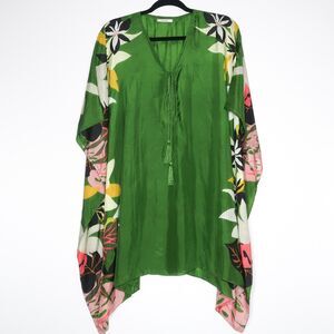 Elena Miro Womens Kaftan One Size Green Floral Print Silk Boho Vacation Feminine